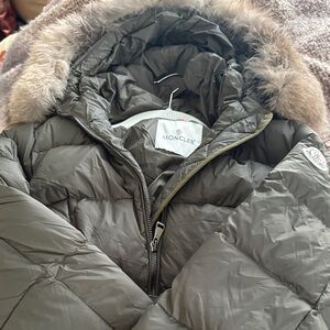 Faux Moncler Olive Puffer Jacket with Fur Trim
